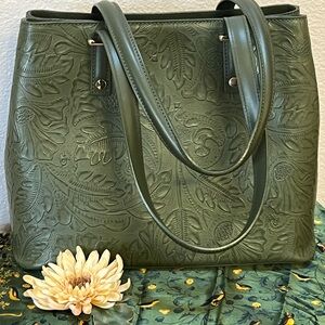 Elegant Italian Leather Green Embossed Handbag